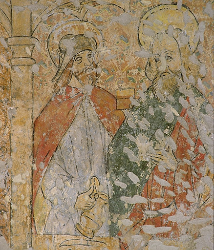 Chapelle XVe : mur Sud. La Cène. Partie gauche ; détail : St Jacques le Majeur et un apôtre.