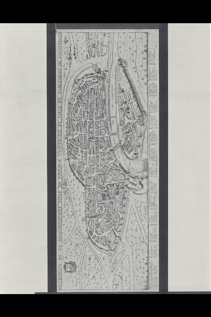 DESCRIPTION DE LA METROPOLITAINE VILLE DE TOVLOVSE VNIVERSITE ET SIEGE DV PARLEMENT DE LANGVEDOCH... A Paris chez I.Boisseau 1645. Eau-forte 0,34 X 0,77. Musée Paul Dupuy, Plans gravés n°16.