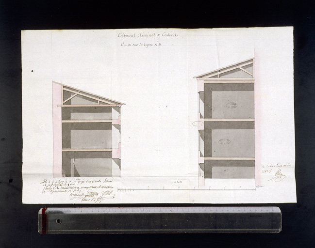 Coupe selon la ligne AB des bâtiments encadrant la cour, projet d'aménagement de 1792.