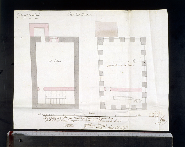 Tour : plans de la '3e prison' et du 'dernier étage au-dessus de l'infirmerie', projet d'aménagement de 1792 ; en clair, les parties à ajouter.