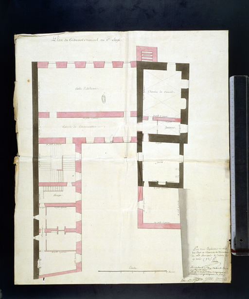 Plan au 1er étage pour un projet d'aménagement de 1792 ; en noir, les parties à conserver.