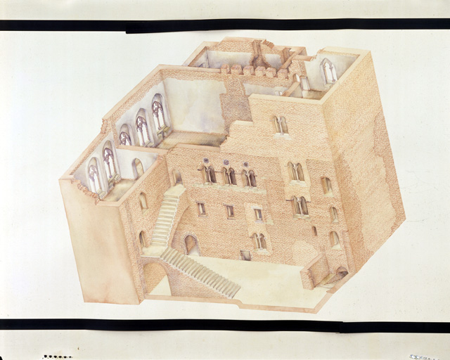 Axonométrie aquarellée par Pavla Sadílková d'après les relevés de P. Roques : restitution partielle de l'état du milieu du 14e siècle ; vue d'ensemble depuis le sud-ouest.