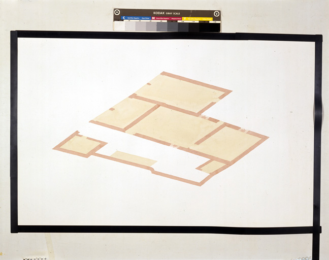 Axonométrie aquarellée par Pavla Sadílková d'après les relevés de P. Roques : restitution partielle de l'état du milieu du 14e siècle ; plan au sol depuis le sud-ouest.
