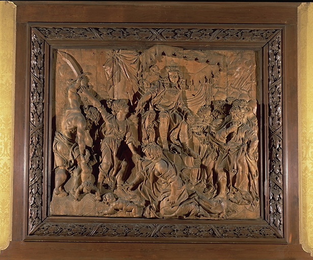 'Salon d'hercule', bas-relief de la cheminée : Jugement de Salomon représenté sous les traits de Louis XIV adolescent.