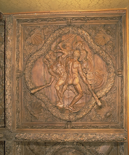 'Salon d'Hercule', détail d'un caisson du plafond : Hercule lutte contre le géant tricéphale Géryon.