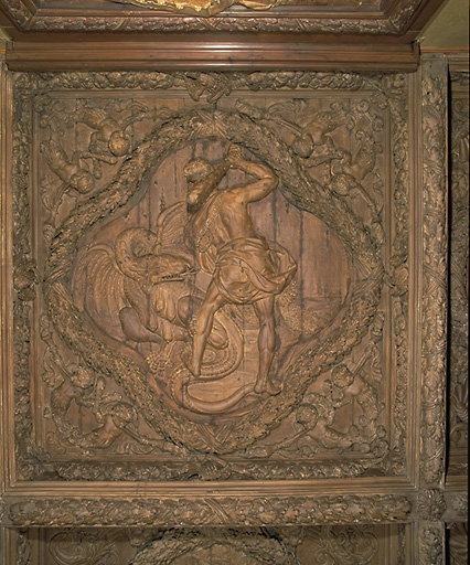 'Salon d'Hercule', détail d'un caisson du plafond : Hercule lutte contre un des oiseaux du lac de Stymphalos.