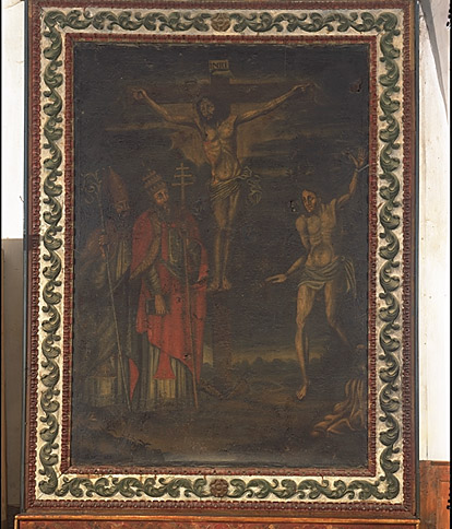 Tableau : pape, évêque et saint Sébastien autour du Christ en croix