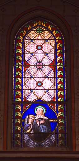 Ensemble des 10 verrières de la nef et des chapelles : Saint Louis de Gonzague, Saint Raymond Nonnat, Saint Henri de Bamberg, Saint Zephyrin, Sainte Françoise Romaine, Sainte Lydie, Saint Gérard de Potenza, Saint Hippolyte le soldat, Saint Etienne diacre, Ange