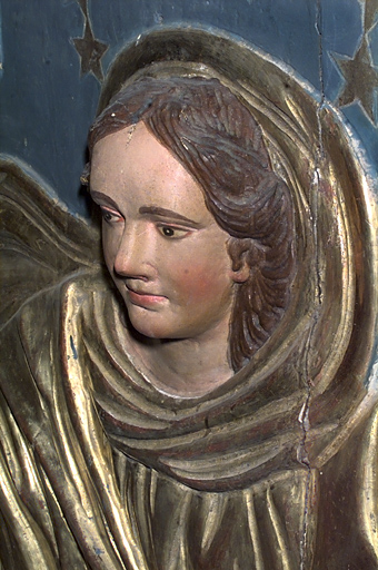 Détail : visage de la Vierge de trois-quarts, après nettoyage.