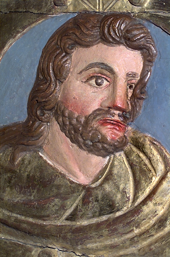 Cartouche à gauche de l'entablement : visage de saint Joseph (?), après nettoyage.