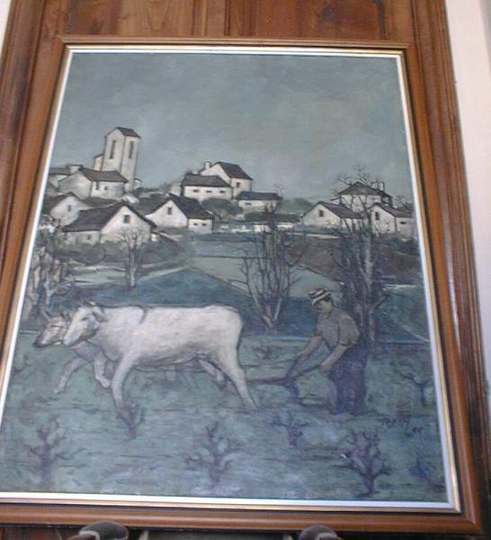 Vue de l'oeuvre, avec au 1er plan un paysan labourant un champ.