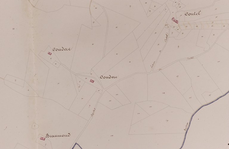 Plan cadastral "napoléonien". Esplas, section A, 1re feuille : Couderc, Coutel, Beaumond (détail).
