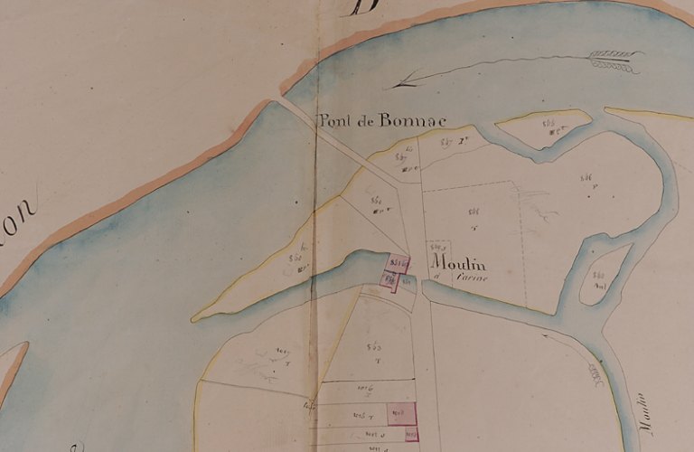 Plan cadastral "napoléonien". Bonnac : ancien moulin et pont (détail).