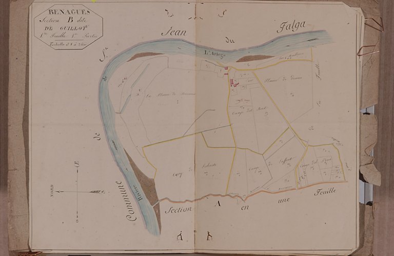 Plan cadastral "napoléonien". Bénagues, section B dite du Guillot, 1re feuille, 1re partie, ensemble : Camp del Bert (bâti sans nom).