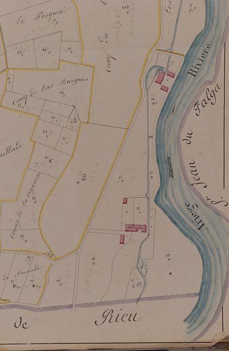 Plan cadastral "napoléonien". Bénagues, section B dite du Guillot, 1re feuille, 2e partie : ensemble de Guillot (détail), ancienne forge et château sur le trajet du canal d'amenée.