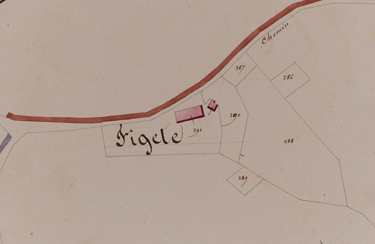 Plan cadastral "napoléonien". Esplas, section B de Souleils et Couloumiès, 2e feuille : Figete (détail).