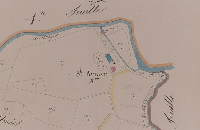 Plan cadastral "napoléonien". Escosse, section A dite de Saint-Armier, 2e feuille, 2e partie : Saint-Armier, ancienne église paroissiale et son cimetière, métairie et moulin (détail).