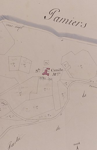 Plan cadastral "napoléonien". Saint-Victor-Rouzaud, section A dite de Caussou, 1ère feuille, 1ère partie : Sainte-Camèle Métairie (détail).