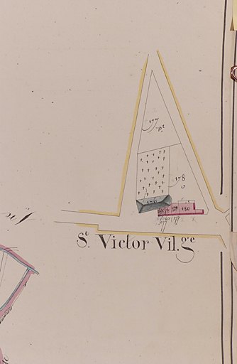 Plan cadastral napoléonien. Saint-Victor-Rouzaud, section B dite de Saint-Victor, 1ère feuille, 2e partie : village, avec l'église et le cimetière attenant.