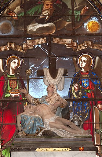 Ensemble de 4 verrières à personnages et figurées (baies 1, 2, 4 et 6) : Dieu le Père apparaissant dans une nuée au-dessus de deux anges tenant les instruments de la Passion, Christ Bon Pasteur, Vierge à l'Enfant, Saint Roch de Montpellier