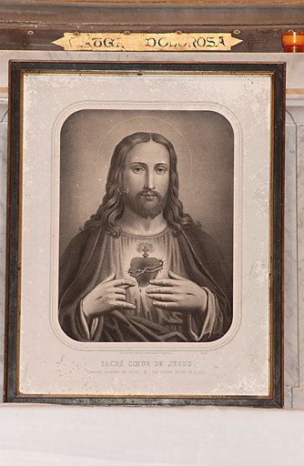 Estampe (image de piété) et son cadre : Christ du Sacré-Coeur