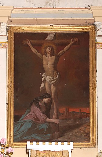 Tableau d'autel et son cadre : Le Christ en croix, avec sainte Marie-Madeleine au pied de la croix