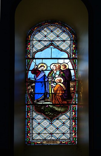 Ensemble de 5 verrières à personnages et figurées (baies 0 à 2, 4 et 6) : Apparition du Christ du Sacré-Coeur à saint Amadour, Baptême du Christ, Remise des clés à saint Pierre, Miracle de sainte Germaine de Pibrac, Immaculée Conception dite Notre-Dame de Lourdes