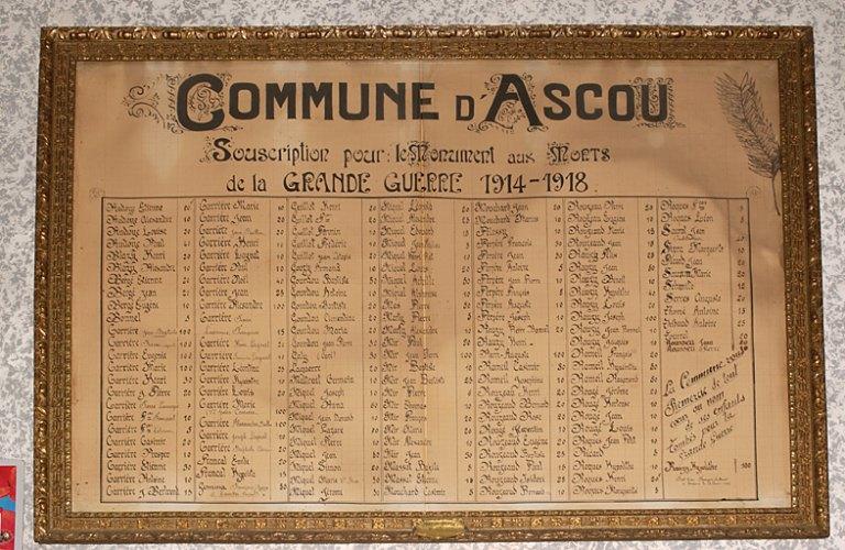 Tableau comportant la liste des souscripteurs pour le monument aux morts, situé dans la salle de la mairie.