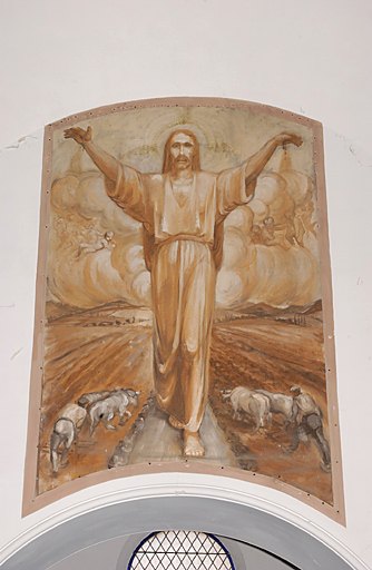 Paire de 2 tableaux (toile marouflée) formant pendant : Christ protégeant les labours, Offrande des moissons à la Vierge à l'Enfant dite La Vierge des Moissons