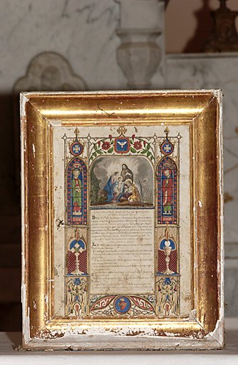 Ensemble de 3 canons d'autel, de style néo-gothique et de leurs cadres : Sainte Famille adorée par les anges, Calvaire avec sainte Marie Madeleine