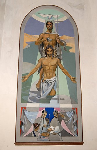 Ensemble de 4 tableaux et de leurs cadres : Christ Bon Pasteur, Laissez-venir à Moi les enfants, Vierge à l'Enfant dite Notre-Dame-de-Pitié, Baptême du Christ et baptême d'un enfant, Saint Etienne protégeant l'église de Seix