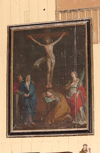 Tableau d'autel et son cadre : Calvaire avec sainte Marie-Madeleine au pied de la croix et sainte Colombe de Sens