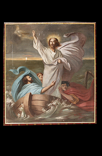 Vue d'ensemble de l'oeuvre, formant pendant avec le tableau représentant Jésus marchant sur les eaux avec saint Pierre, par A.M. Roucole en 1881.