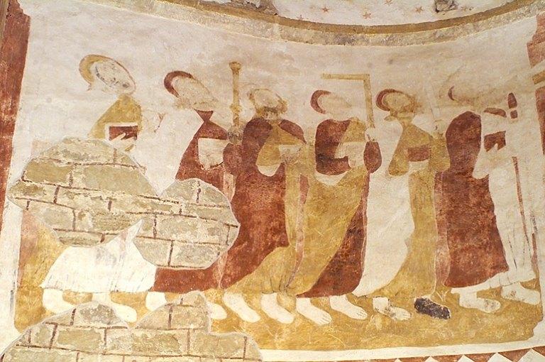 Mur du choeur, partie gauche : un apôtre non identifié suivis de saint Jacques le Majeur (?), un autre apôtre non identifié, suivi de saint Thomas, saint Paul (?) et d'un dernier apôtre non identifié.