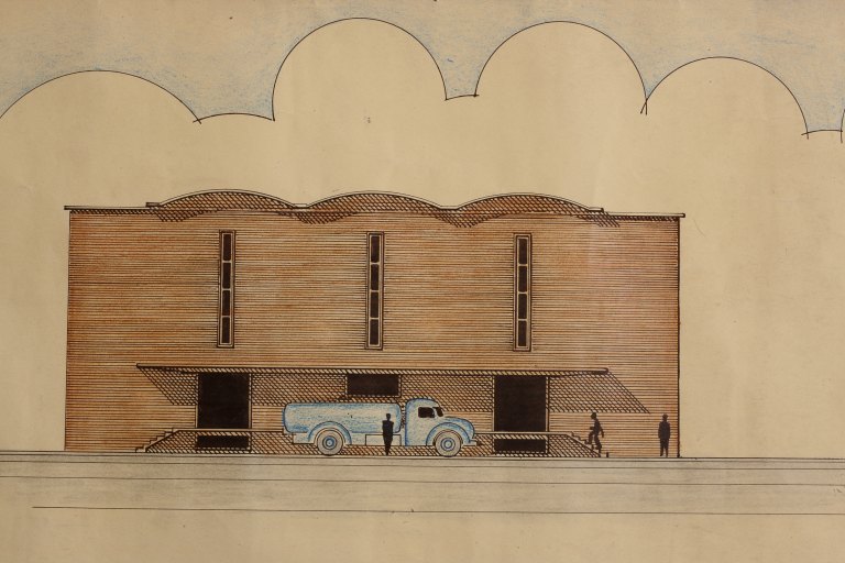Dessin de la façade de la cave primitive.