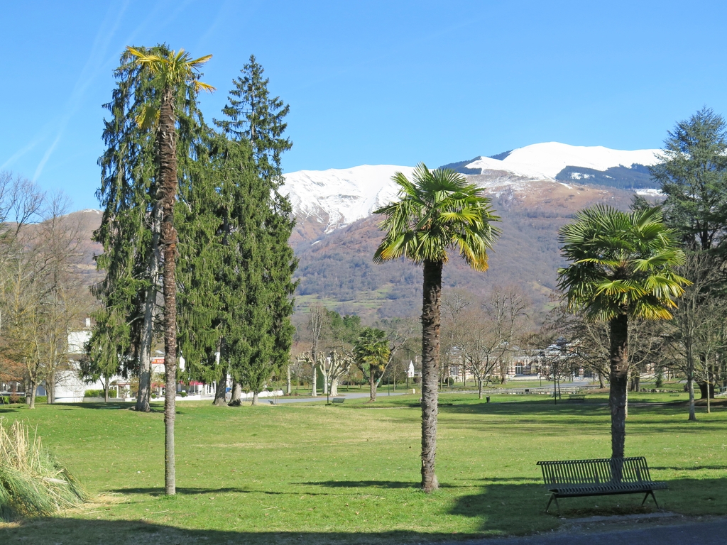 Le jardin descend en pente douce d'ouest en est vers le bâtiment des thermes. A gauche, le casino.