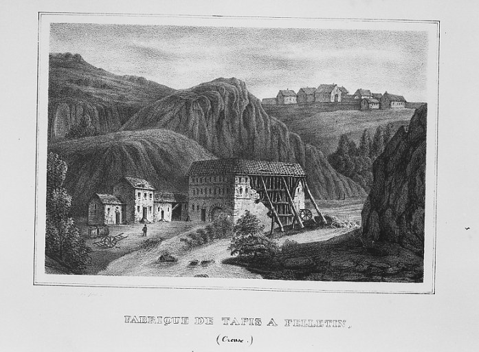 Une vue romantique du moulin Mirabeau dans les années 1830, à droite les ateliers partiellement ruinés, à gauche la maison de gardien. Gravure donnée par J.-B. Tripon sous l'intitulé : Fabrique de tapis à Felletin, celle de M. Sallandrouze.