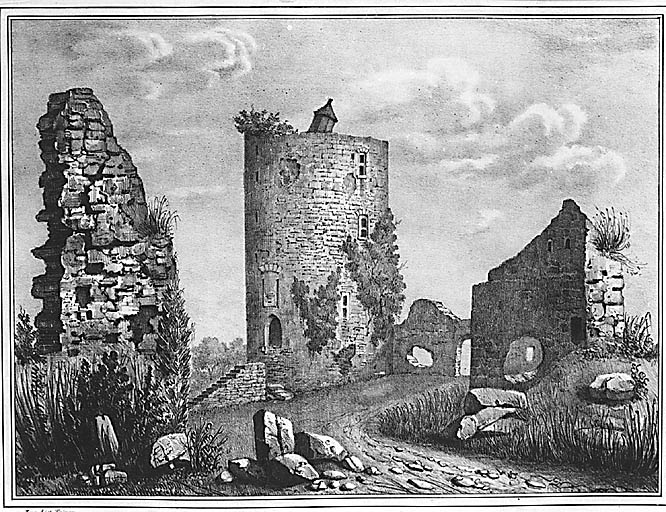 Vue d'ensemble des ruines du château de Bridiers vers 1836.