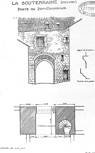 Porte de ville dite porte du Puycharraud. Elévation intra-muros et plan au sol.