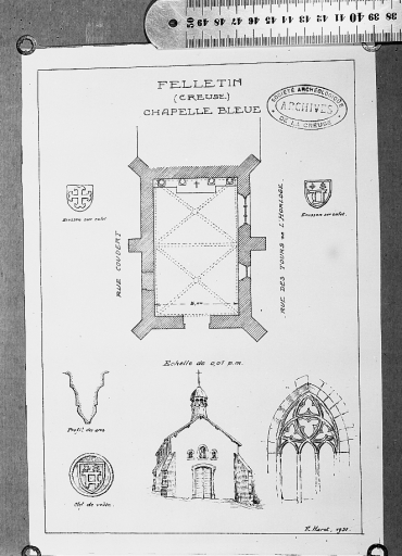 Plan, élévation et détails (culots et clef de voûte armoriés).