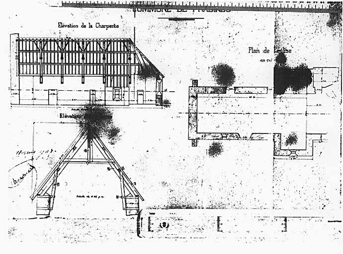 Plan au sol. Plan et coupe de la charpente.