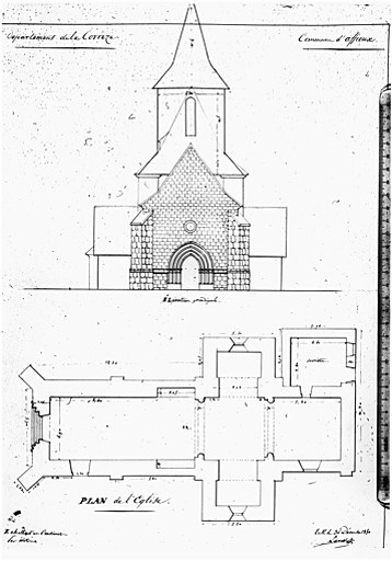 Elévation principale, avec surélévation du clocher, et plan au sol.