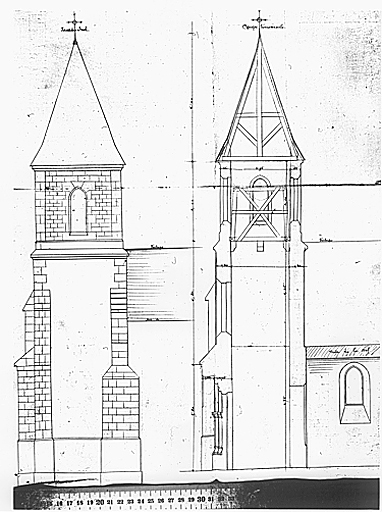 Elévation de la façade sud et coupe transversale.