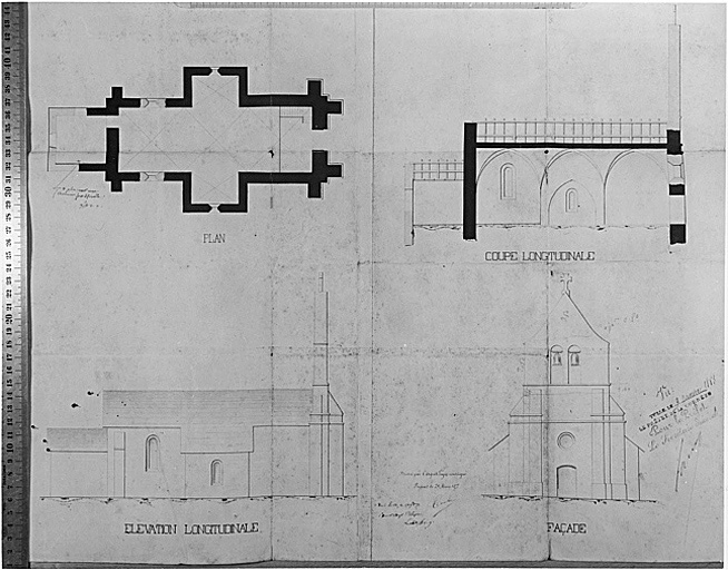 Plan au sol, élévation de la façade occidentale, élévation latérale nord, coupe longitudinale.