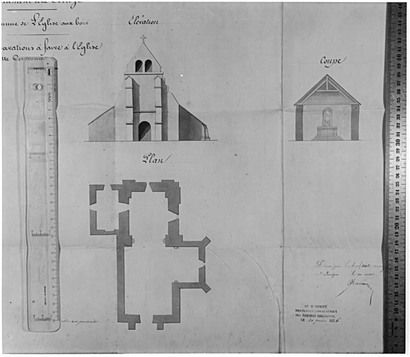 Elévation ouest, plan au sol, coupe transversale.