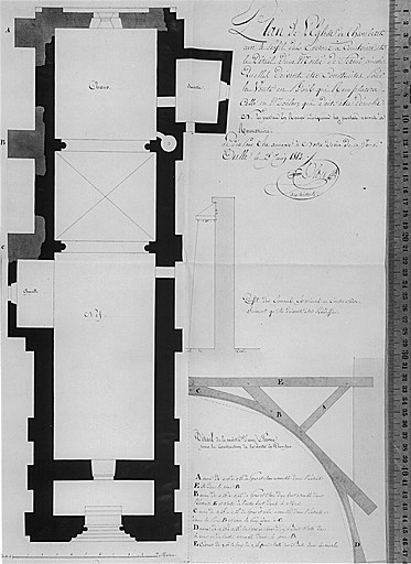 Plan de l'église en 1812. Coupe des éperons à construire sur les contreforts et détail de la moitié d'une ferme pour la construction d'une 'voûte en plancher'.