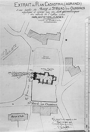 Extrait du plan cadastral d'une partie du bourg de Saint-Merd-les-Oussines appliqué et repéré par un relevé géométrique des abords de l'église, pour implantation du clocher.