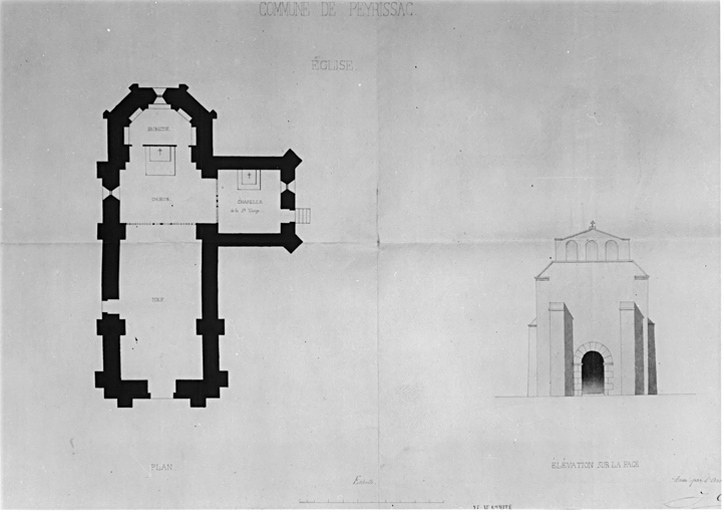 Plan au sol et élévation ouest de l'église.