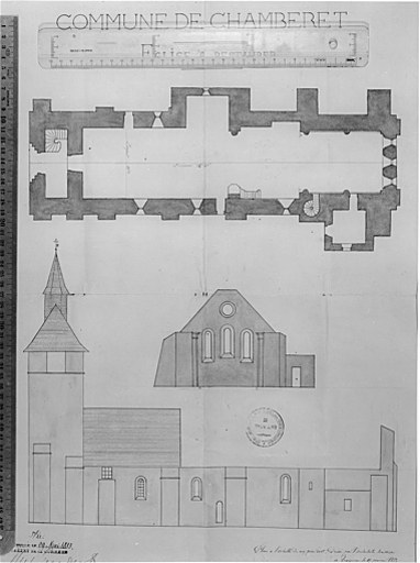 Eglise à restaurer : plan et élévations de l'église après l'incendie de 1881.