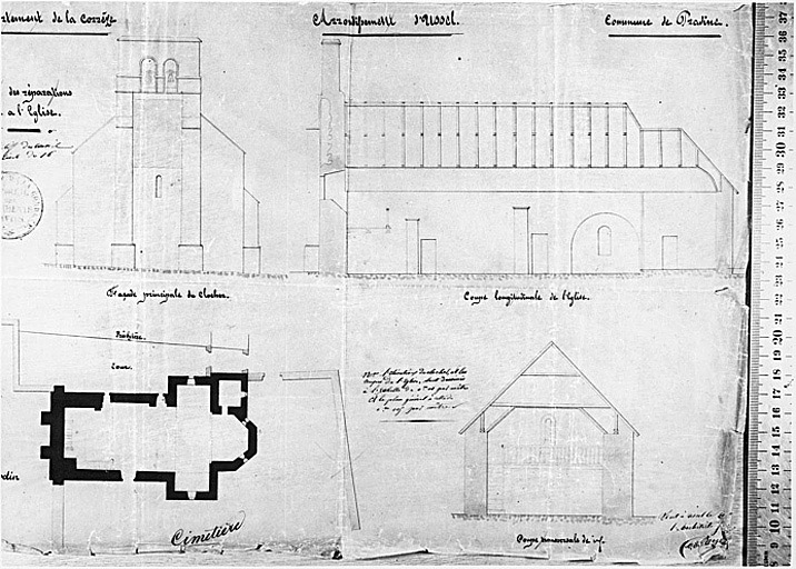 Plan au sol, élévation de la façade occidentale, coupe longitudinale, coupe transversale.